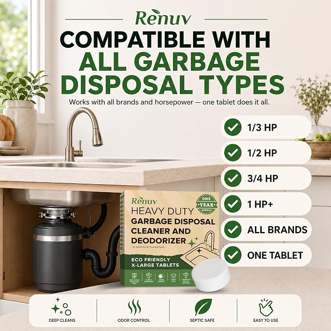 Renuv® Garbage Disposal Cleaner & Deodorizer Tablets, 12 XL Tablets | Foaming Citrus Scent, Drain Freshener, Kitchen Sink Odor Refresher For Garbage Disposer Cleaning