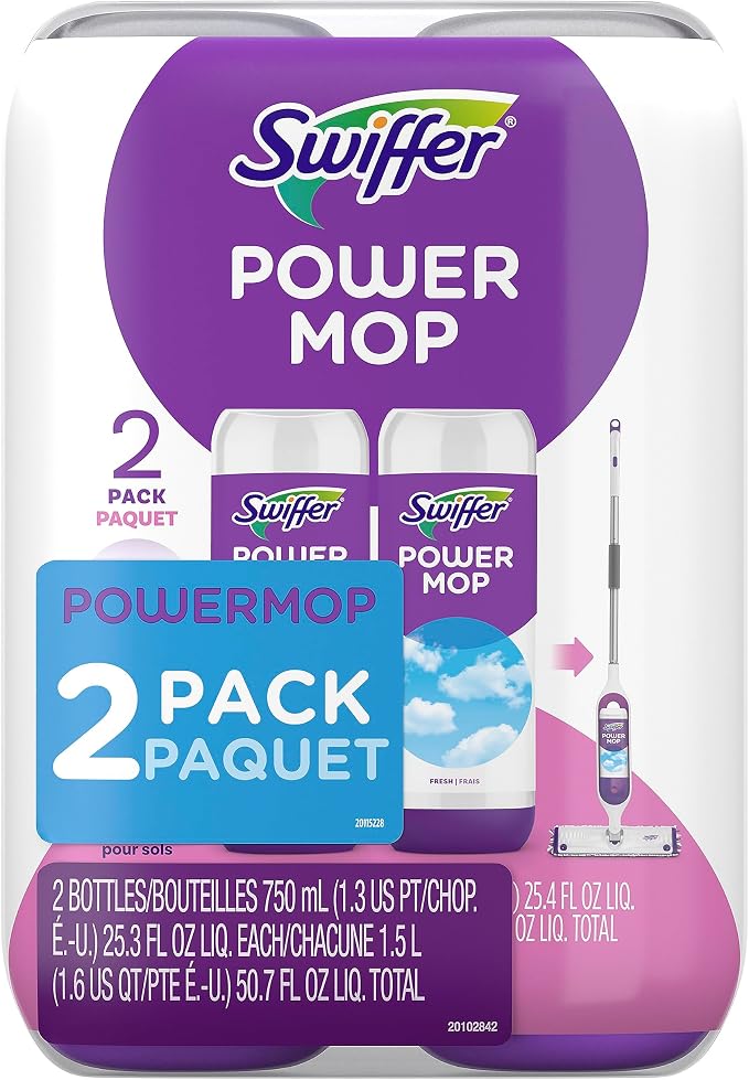 Swiffer PowerMop Liquid Floor Cleaner Refills, Solution for Power Mop, Fresh Scent, 2 Count Mopping Fluid Replacement Bottle, Spray Mops Cleaning Juice, No Bucket Needed, Multi-Surface and Wood