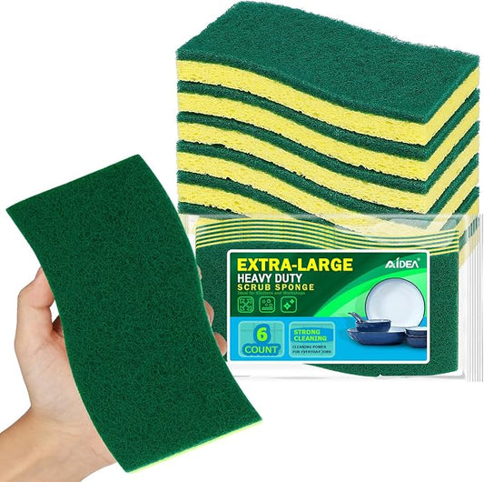 AIDEA XL Scrub Sponges Kitchen 6Count, Heavy Duty Sponges for Dishes | Extra Large Sponges for Kitchen, Cleaning Sponge Safe for Non-Coated Cookware, Cleaning Power for Bathroom, Household