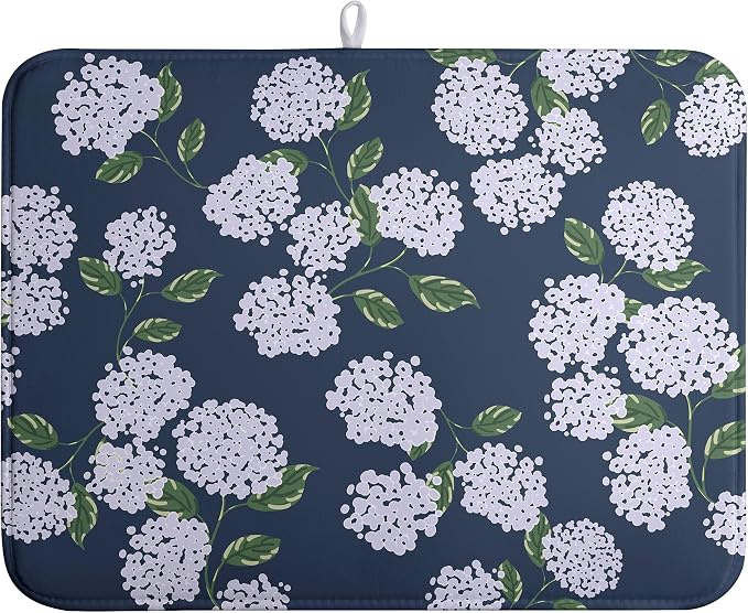 Navy Blue Hydrangea Dish Drying Mats Spring Summer Dish Mat Vintage Floral Drying Matt Dishes Dryer Pad for Kitchen Counter Absorbent Microfiber Washable Foldable Reusable 18x24 in