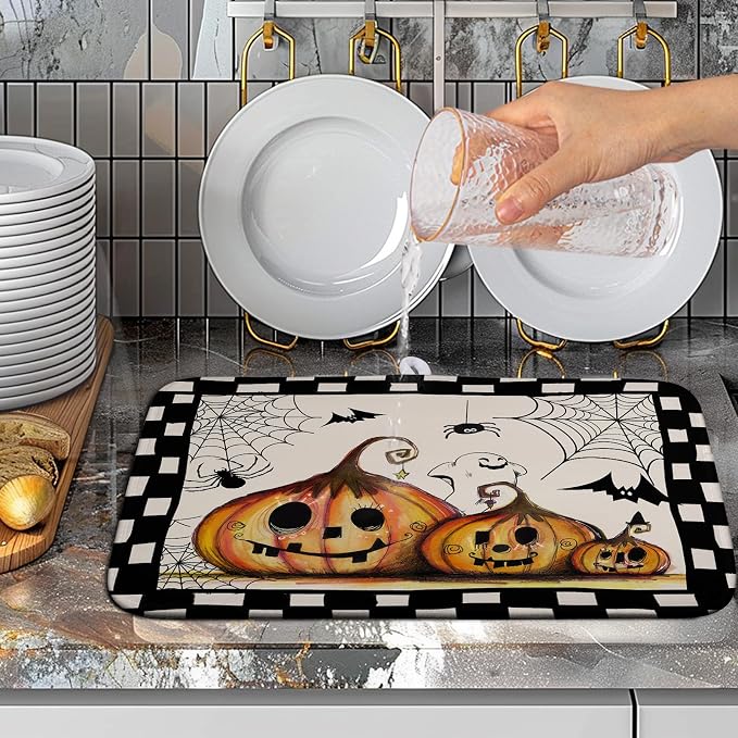 Halloween Kitchen Drying Mats for Dishes 16x18 In Orange Pumpkin Ghost Dish Drying Mat Black Bat Spiders Web Buffalo Plaid Dish Rack Mat Absorbent Microfiber Drying Pad for Kitchen Counter