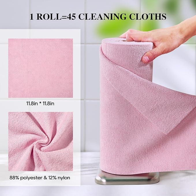 Microfiber Cleaning Cloth Roll 45 Pack, 12"×12", Reusable, Tear Away, Pink | Reusable Paper Towels，Tear Away, Highly Absorbent, Lint Free, All-Purpose Washable for Kitchen, Window, Car, Shop