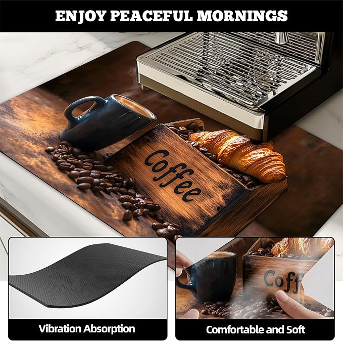 Dish Drying Mat Large Coffee Mat Absorbent Drying Mat for Kitchen Counter Coffee Bar Accessories 32"x 17", Coffee and Bread 1