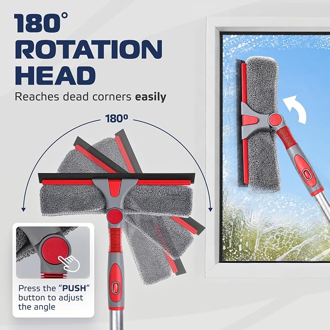 DSV Standard 2-in-1 Window Cleaning Squeegee Kit with 60’’ Extension Pole, Rotatable Bendable Head, Microfiber & Chenille Pads, Window Cleaner Tool for Indoor/Outdoor, High Windows, Shower and Car