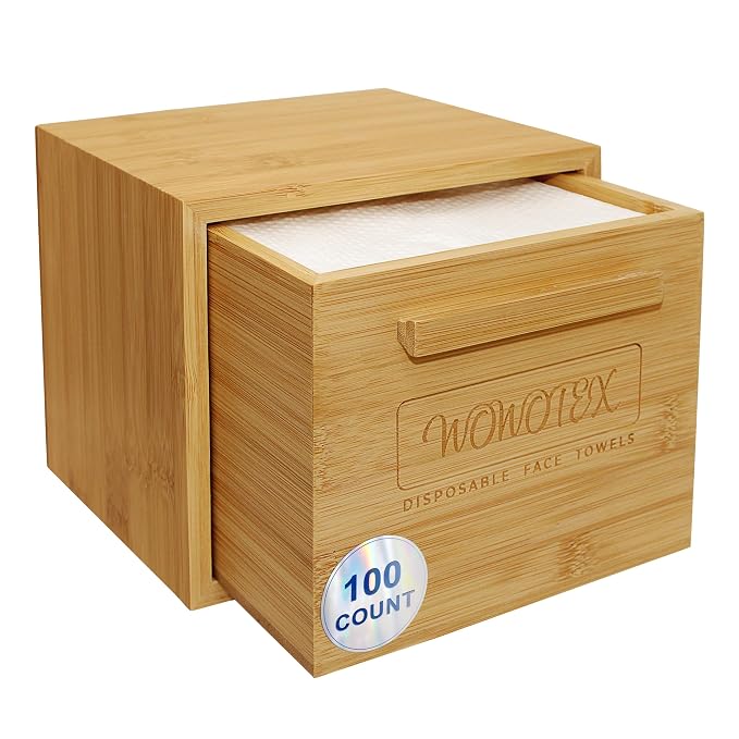 WOWOTEX Luxe Bamboo Towel Container (Bamboo Box Towel Holder) with Disposable Face Towels Biodegradable Large Dry Wipes 100 Count Extra Thick Soft Clean Facial Towels for Facial Cleansing