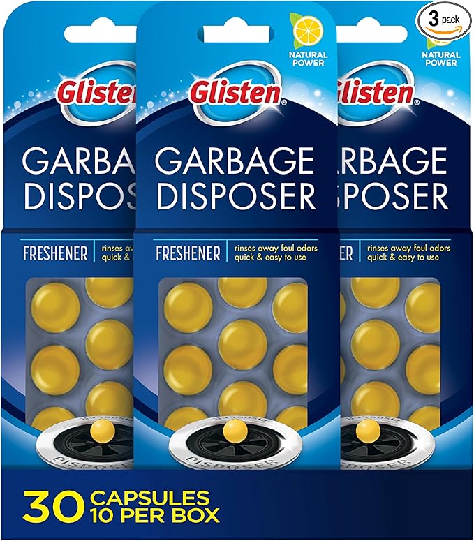 Glisten Garbage Disposer Freshener, Sink Disposal Odor Eliminator, Quick and Easy-to-Use, Lemon Scent, 30 Capsules Total