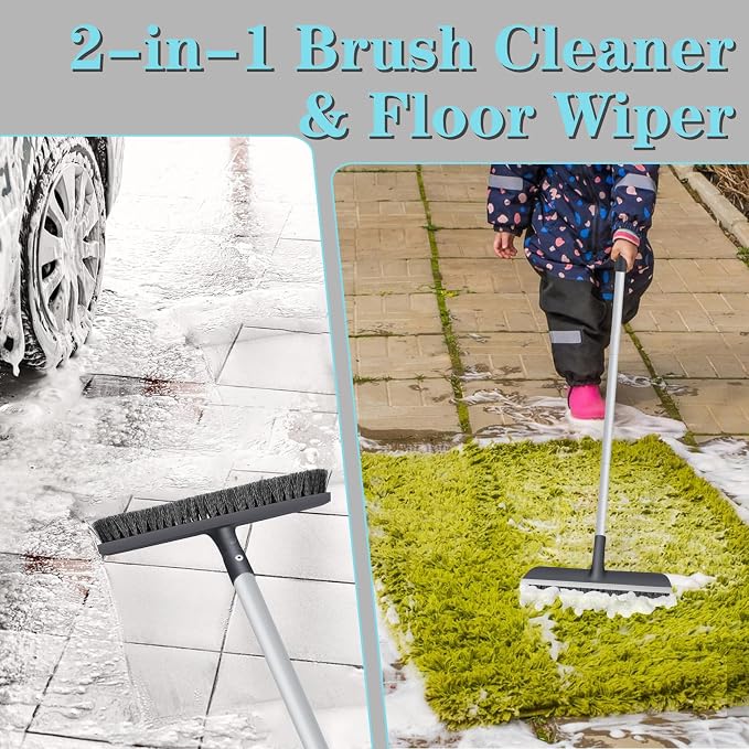 AONEZ Floor Scrub Brush with Long Handle - Adjustable Handle 2 in 1 Scrape and Heavy-Duty Stiff Bristle Floor Scrubber Brush for Cleaning Bathroom, Kitchen Patio Tile Garage and Deck