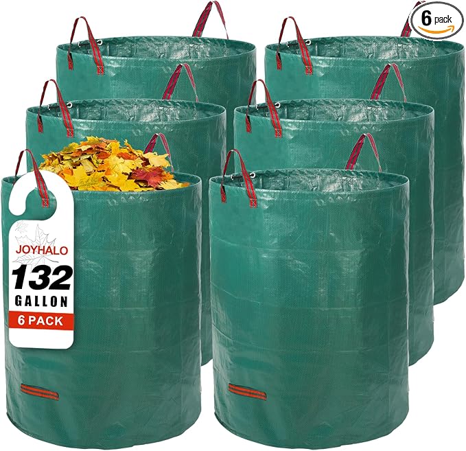 Joyhalo Reusable Yard Waste Bags -132 Gallon, 6 Pack, Heavy Duty with Gardening Gloves & 4 Handles, Standable, Camping & Recycling | Heavy duty, Standable, With 4 handles, Includes gardening gloves, Ideal for leaves, Grass clippings, Camping, and recyc...