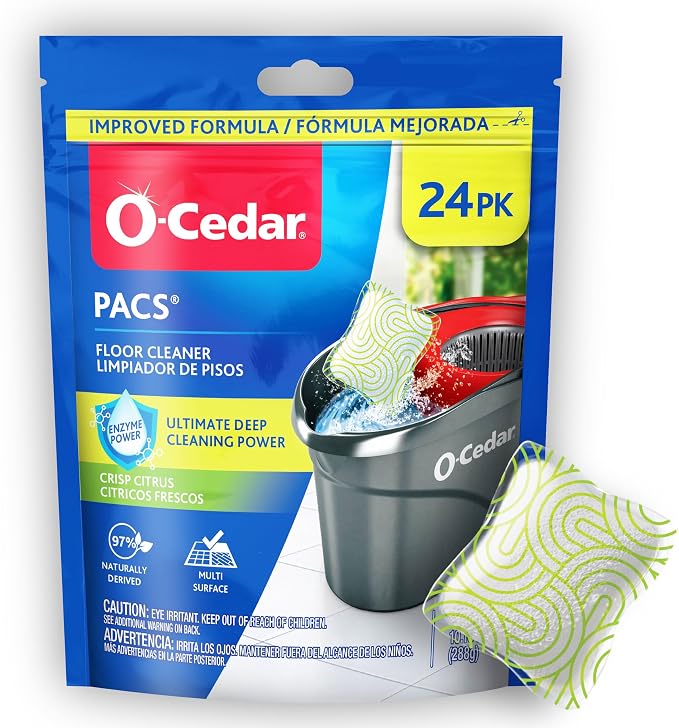 O-Cedar PACS Hard Floor Cleaner, Crisp Citrus Scent 24 Count (1-Pack) | Made with Naturally-Derived Ingredients | Safe to Use on All Hard Floors | Perfect for Mop Buckets
