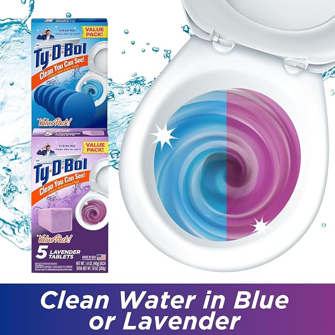 Ty-D-Bol Bleach-Free Toilet Bowl Cleaner Tablets, Lavender & Blue, 10 Pack | 1.4 oz, Fights Hard Water Stains, Fights Mineral Buildup, Fights Limescale, Variety Pack of 10 tablets