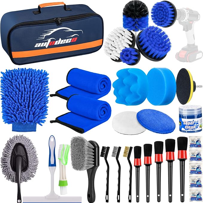 31Pcs Car Detailing Brush Set, Car Detailing Kit, Auto Detailing Drill Brush Set, Car Detailing Brushes, Car Wash Cleaning Tools Kit for Interior, Exterior, Wheels, Blue