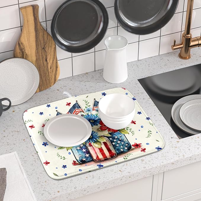 Giwawa American Patriotic Floral Dish Drying Mat Flower Vase Drainer Rack Mats 16"x18" Absorbent Microfiber Dish Dry Pad for Kitchen Counter Sink