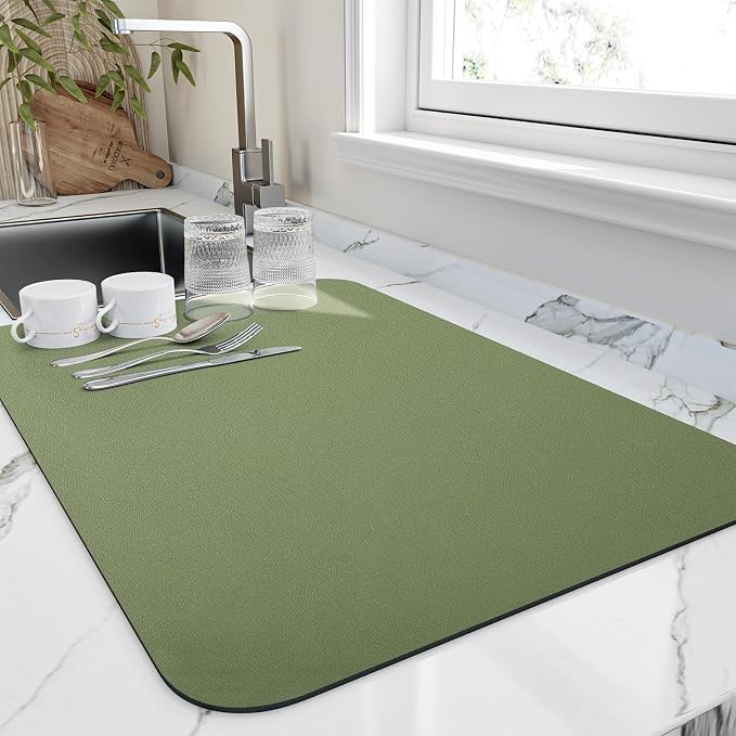 HotLive Dish Drying Mat for Kitchen Counter, Heat Resistant Drainer Mats with Non-slip Rubber Backed, Hide Stain Kitchen Super Absorbent Draining Mat, Easy to Clean Dish Rack Pad, Green 16"x20"