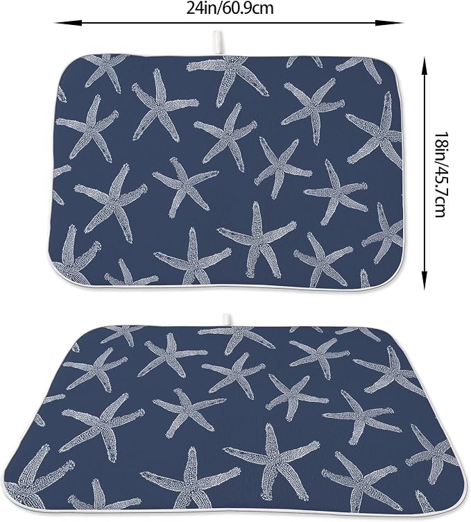 Navy Blue Starfish Coastal Dish Drying Mats 18x24 Inch Coastal Nautical Summer Decorative Drying Mats Beach Ocean Outdoor Decor Coffee Bar Mat for Kitchen Dining Room