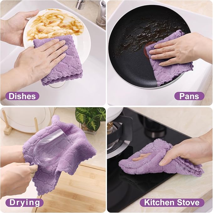 Homaxy 12 Pack Kitchen Dish Cloths (10 x 10 Inches, Purple), Super Soft and Absorbent Coral Velvet Dish Towels, Nonstick Oil Fast Drying Microfiber Cleaning Cloth, No Lint Household Dishcloths