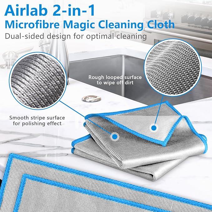 Airlab Glass Polishing Streak Free Miracle Cleaning Cloth, Sliver-Blue | Lint Free Microfiber Cleaning Rags for Glasses Kitchen Dish Mirrors Easy Clean, 12 x 12 Inches, Pack of 6
