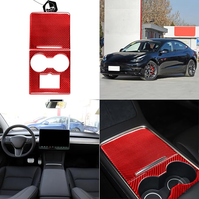 Red Real Carbon Fiber Trim for Tesla Accessories | for Model 3 2017-2022 / Model Y 2020-2024 Center Console Decoration Panel Sticker Interior Thick Overlay Decal - A