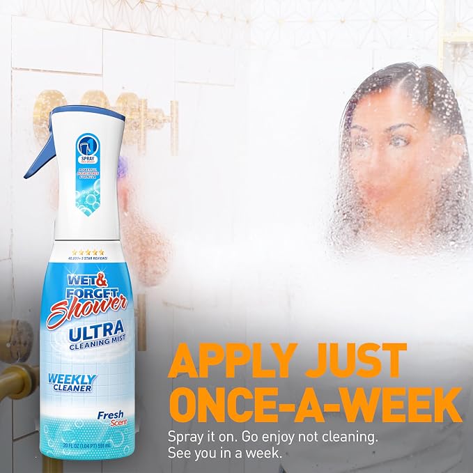 WET & FORGET Shower Ultra Cleaner Mist Fresh Scent No-Scrub Weekly Bathroom Spray for Fiberglass, Tile, Glass, Grout & More, 1 Spray and 1 Refill, 20oz each