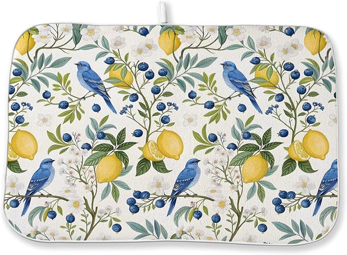 chinoiserie Navy Blue Green Bird Flower Dish Drying Mats 18x24 Inch Vintage Botanical Yellow Lemon Floral Decorative Kitchen Decor Drying Pad Rack Drainer Mats for Kitchen Dining Room Counter