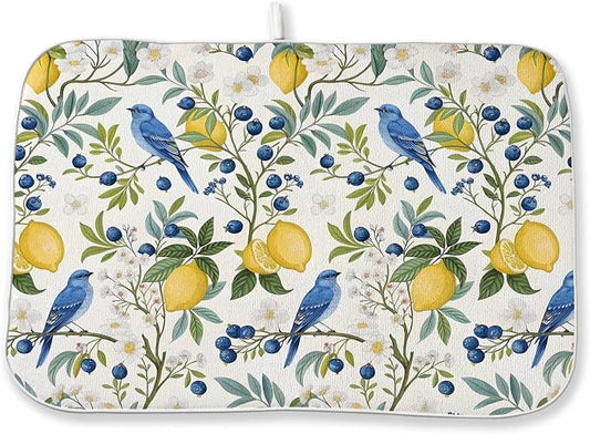 chinoiserie Navy Blue Green Bird Flower Dish Drying Mats 18x24 Inch Vintage Botanical Yellow Lemon Floral Decorative Kitchen Decor Drying Pad Rack Drainer Mats for Kitchen Dining Room Counter