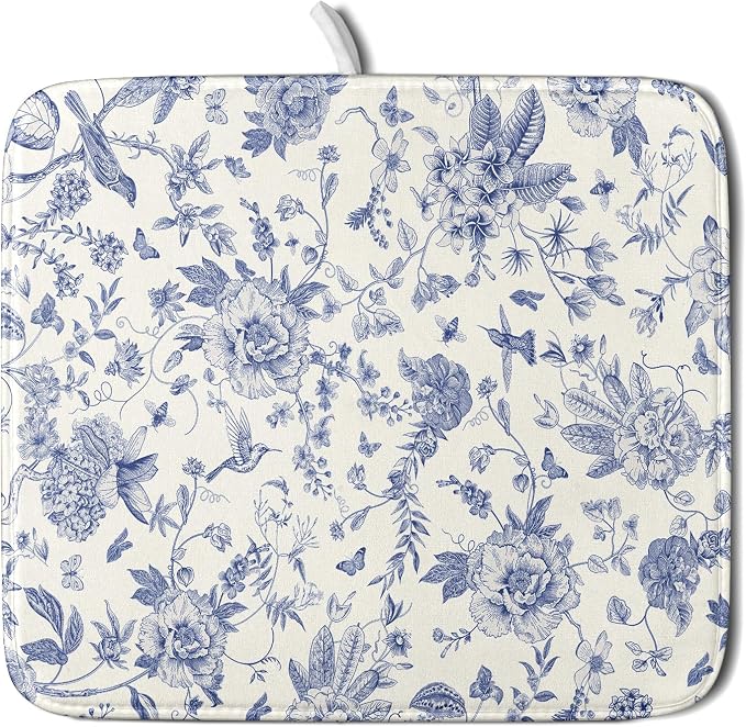 Giwawa Chinoiserie Flower Dish Drying Mat Blue Leaves Dishes Drying Pad Reusable Washable Kitchen Countertop Protector Dish Drainer Mat 16x18 Inch