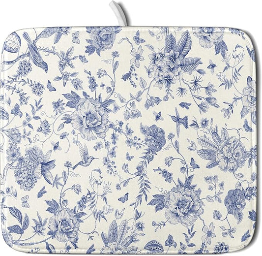 Giwawa Chinoiserie Flower Dish Drying Mat Blue Leaves Dishes Drying Pad Reusable Washable Kitchen Countertop Protector Dish Drainer Mat 16x18 Inch