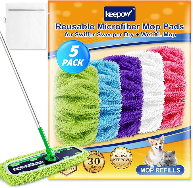 KEEPOW XL Mop Pads Compatible with Swiffer XL Sweeper, 5 Pack Multicolor | X-Large Dry Sweeping Cloths, XL Wet Pads Refills, Reusable Microfiber Heavy Duty Wet Mopping Cloths for Floor Cleaning