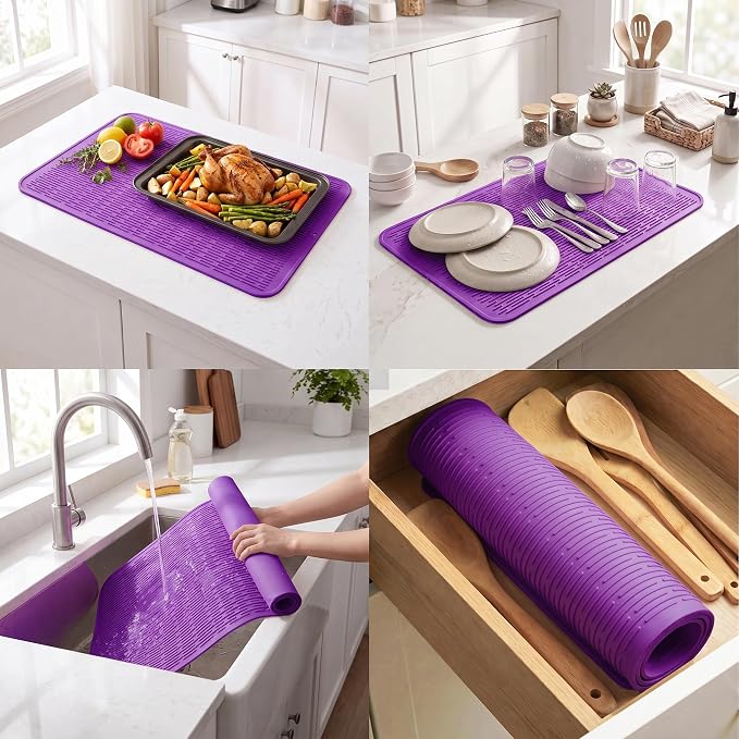 MicoYang Silicone Dish Drying Mat for Multiple Usage,Easy clean,Eco-friendly,Heat-resistant Silicone Mat for Kitchen Counter or Sink,Refrigerator or Drawer Liner Purple 4XL 32 inches x 18 inches