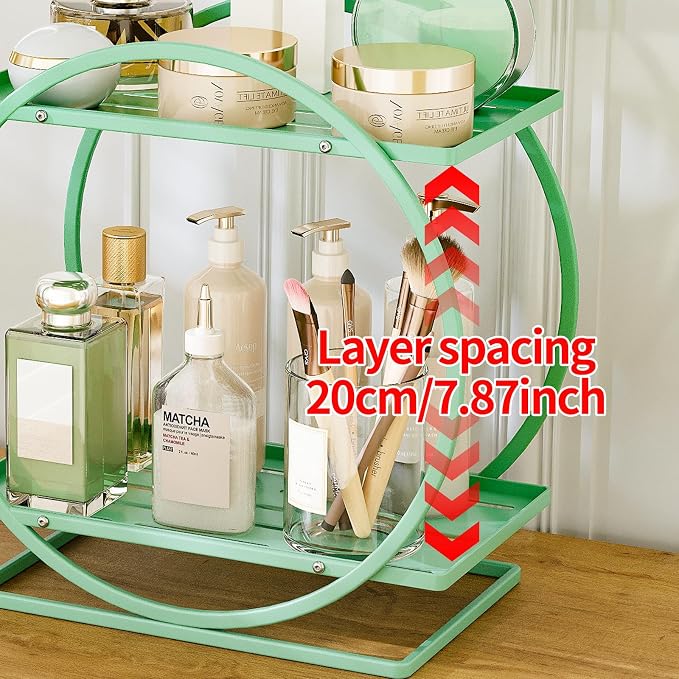 Perfume Organizer for Dresser, 2-Tier Bathroom Counter Organizers, Elegant Round Makeup Organizer for Vanity, Bathroom Organizer Countertop Shelf, Perfume Tray Skincare Storage (Green)