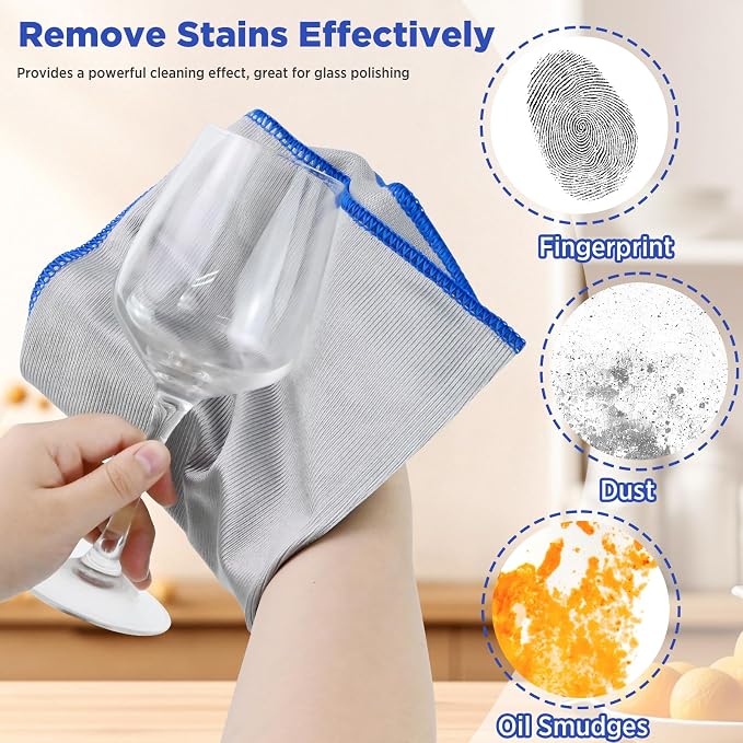 Puomue 12 Pack Microfiber Glass Cleaning Cloth, 320GSM Thick Lint Free Glass Towels, Reusable Window Cleaning Cloth for Windshields, Lenses, Glasses, Mirrors & Windows, Polishing Silver, 13.8" x 10.8"