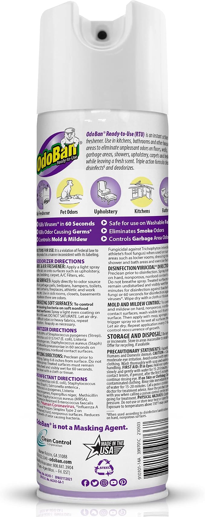 OdoBan Ready-to-Use Disinfectant and Harsh Aroma Eliminator, Set of 2, 14.6 Ounce 360-Degree Continuous Spray Fabric/Air Freshener and 1 Gallon Multi-Purpose Cleaning Concentrate, Lavender Scent