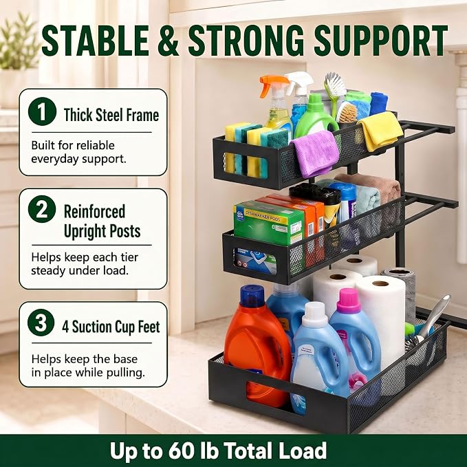 3 Tier Under Sink Organizer,1 Pack Pull Out Cabinet Shelves with Adjustable Height,Heavy Duty Carbon Steel L-Shaped Storage for Kitchen Bathroom Sink,Pantry & Laundry,Black