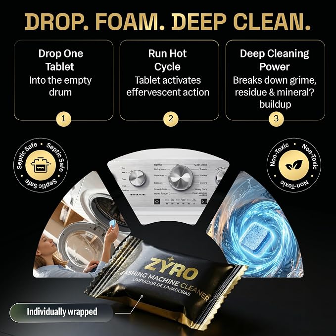 Zyro Washing Machine Cleaner Tablets – 24 Pack | Deep Cleaning Washer Cleaner & Descaler | Cleans Drum, Tub Seal & Gasket | HE Front Load & Top Load Washer | 1 Year Supply