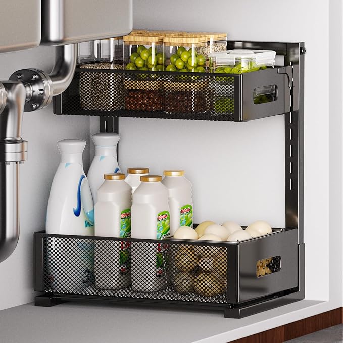Under Sink Organizer for Bathroom & Kitchen, Under Cabinet Storage Shelf, Bathroom Cabinet Organizer Vanity Drawer Pantry Organization, Multi-Purpose Under Sink Slide Out Storage Shelf