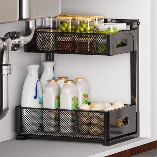 Under Sink Organizer for Bathroom & Kitchen, Under Cabinet Storage Shelf, Bathroom Cabinet Organizer Vanity Drawer Pantry Organization, Multi-Purpose Under Sink Slide Out Storage Shelf