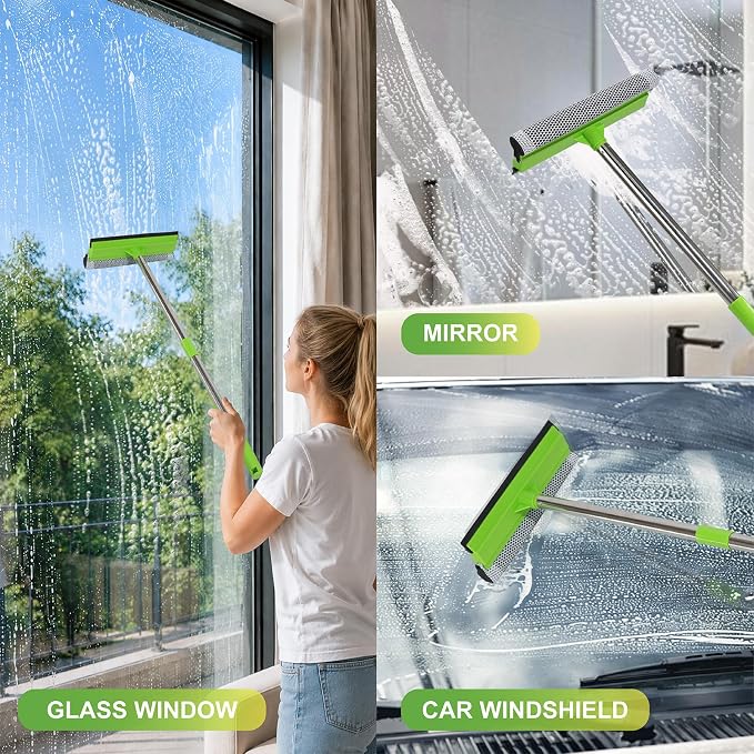 2 in 1 Window Squeegee with 55" Long Stainless Steel Handle,Sponge Car Squeegee for Home,Gas Station,Glass,Shower,Outdoor High Window Cleaning