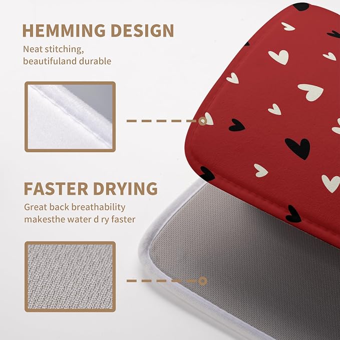 Valentine Dish Drying Mat for Kitchen Counter Valentines Day Red Black Love Heart Holiday Drying Mats Absorbent Microfiber Dish Draining Mat Extra Large Dish Rack Pad 18x24 Inch
