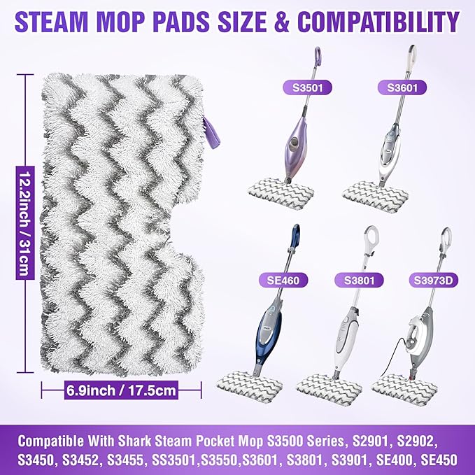 S3501 S3601 Steam Mop Replacement Pads Compatible with Shark Steam Pocket Mops S3501 S3601 S3550 S3801 S3901 S3601D S3801CO S3901D S3455K S2902 SE450, Washable Microfiber Mop Pads Reusable, 3 Pack