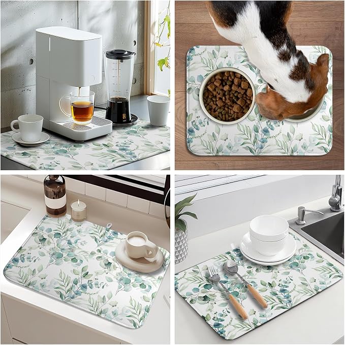 Sage Green Leaves Dish Drying Mats for Kitchen Counter 18x24 Inch, Leaves Kitchen Drying Mat,Watercolor Herbs Dishes Pad Dish Drainer Rack Mats Absorbent Fast Dry Kitchen Accessories
