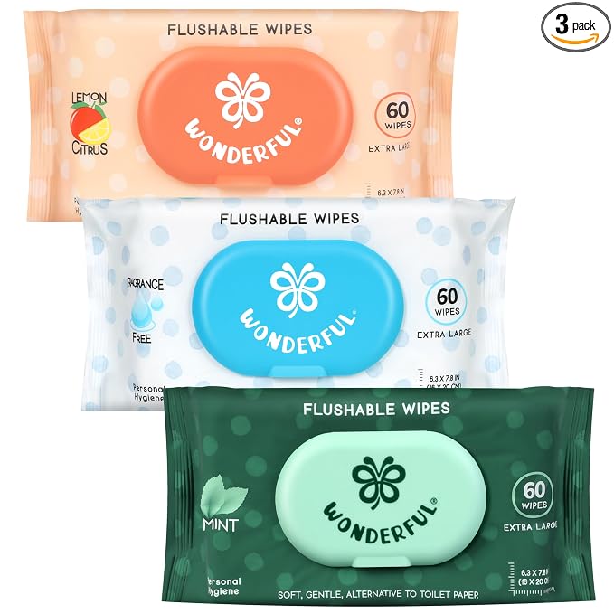 WONDERFUL Flushable Butt Wipes, Variety 100% Plant-Based Wet Wipes for Adults & Kids; Sewer, Septic Safe; Gentle on Sensitive Skin, Wipes Flushable Pack for Bathroom & Travel, 3-Pack (180 Count)