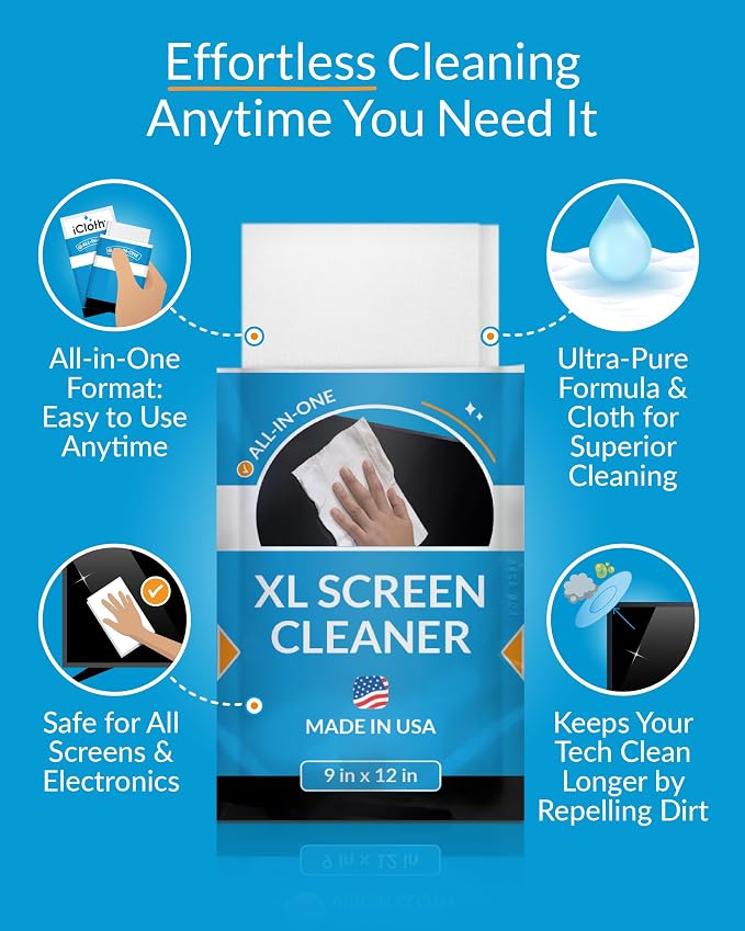 iCloth XL Screen Cleaning Wipes, Lint-Free and Streak-Free, Fast-Drying, Removes Dust, Fingerprints, and Smudges (60 XL Wipes)