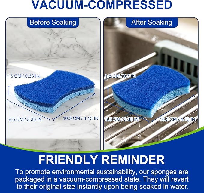 LILAC Non Scratch Sponges, 12 Count, Natural Cellulose Scrub Sponge for Dishes, Non Stick Cookware, Kitchen, Bathroom, Household (Blue)