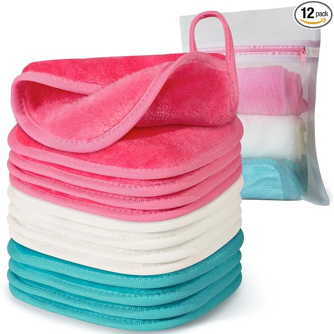 Makeup Remover Cloth, 6" x 6" Make Up Towels Reusable Face Cloth for Washing Face, Makeup Remover Pads Microfiber Face Washcloth with Mesh Bag, Just Water, 12 Pack