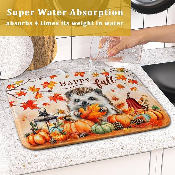 Happy Fall Dish Drying Mat - Cute Hedgehog Absorbent Drying Pad for Kitchen Counter