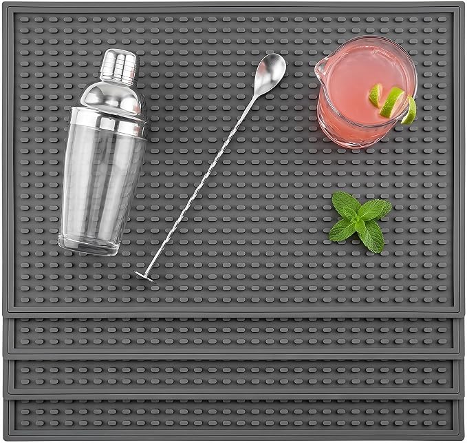 Rubber Bar Mat for Counter, Grey 4 Pack 12"x18" grip-friendly Coffee Bar Mat, Heat Resistant & Spill-proof Countertop Protector Mat for Kitchen, Home Bar, Coffee Station, Easy Clean Dish Drying Mat