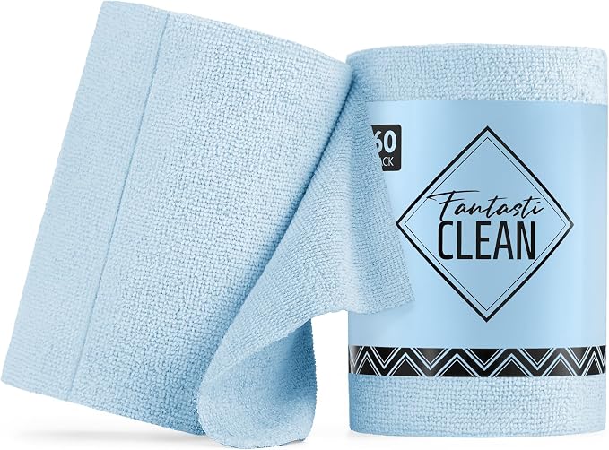 Fantasticlean Microfiber Cleaning Cloth Roll -60 Pack, Tear Away Paperless Towels, 8" x 8", Reusable Washable Rags, for House Kitchen, Pet, Office, Indoor Outdoor, Compact and Portable (Baby Blue)