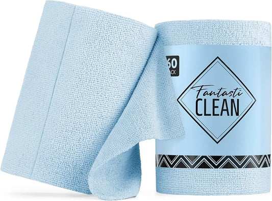Fantasticlean Microfiber Cleaning Cloth Roll -60 Pack, Tear Away Paperless Towels, 8" x 8", Reusable Washable Rags, for House Kitchen, Pet, Office, Indoor Outdoor, Compact and Portable (Baby Blue)