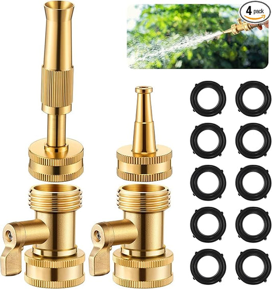 4 Pcs Brass Hose Nozzle Kit, Adjustable Twist Garden Hose Nozzle with High Pressure Jet Spray, Brass Shut off Valve, 10 Rubber Washers, 3/4 Inch Ght for Watering Plants, Car Wash, Cleaning