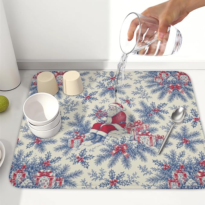 Christmas Santa Claus Dish Drying Mat for Kitchen Counter 16x18 Inch | Vintage Blue Chinoiserie Christmas Holly Leaves Dish Drainer Mat Rustic Xmas Holiday Absorbent Washable Drying Pad