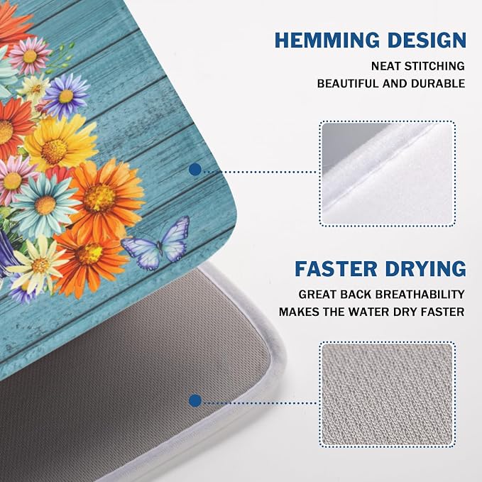 Vintage Floral Dish Drying Mat for Kitchen Counter Rustic Flower Vases Wooden Board Microfiber Dish Drainer Mat Spring Summer Absorbent Washable Drying Pad Extra Large 18"x24"